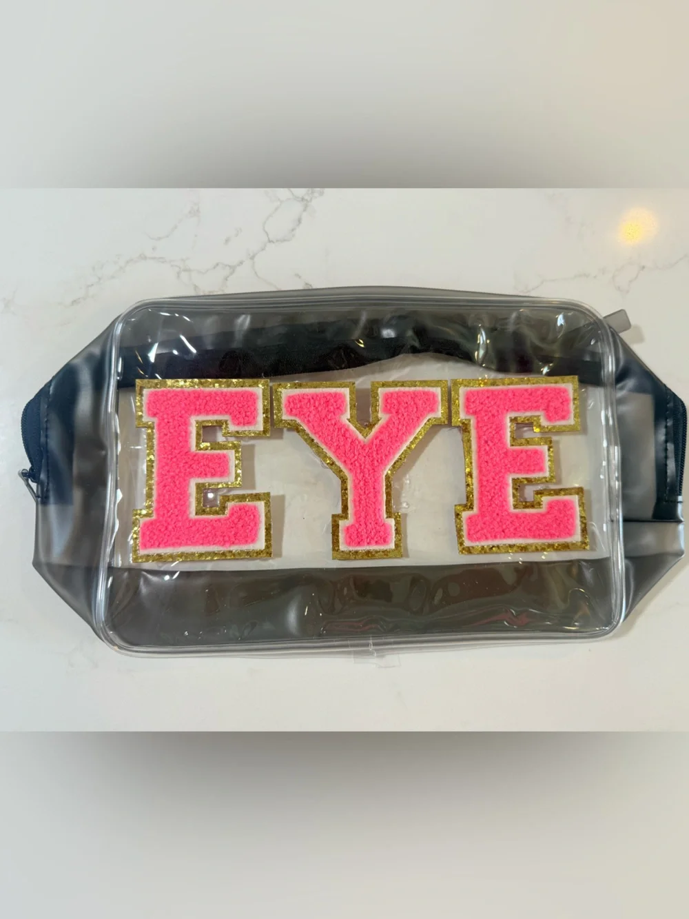 Pink Chenille Letter Patch Trim with Gold Glitter Outline